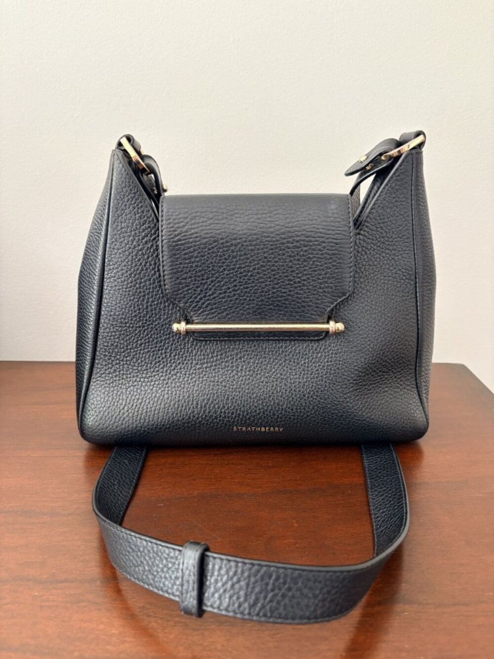 Strathberry Multrees Flap Leather Hobo Bag Black Leather - Picture 3 of 7